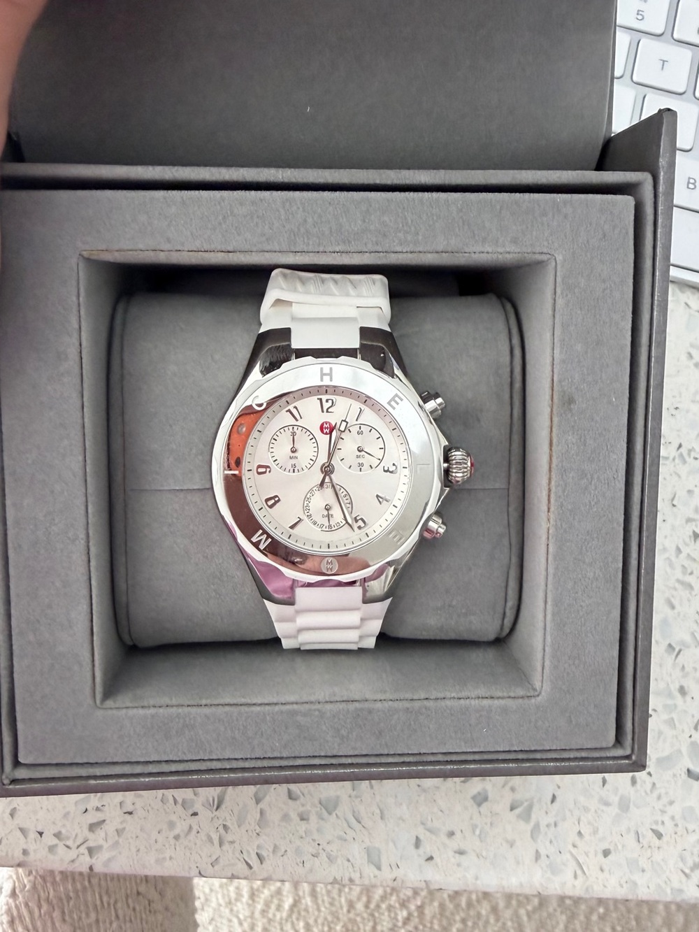 Michele White Chronograph Watch with Silver-Tone Case